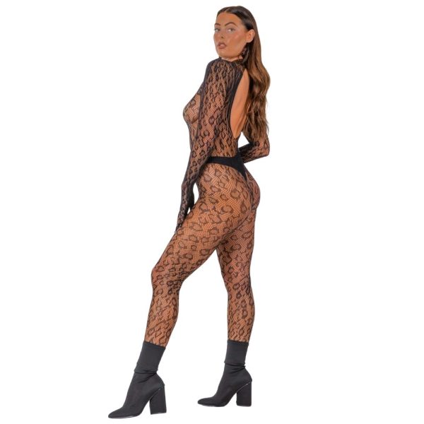 Lace by LJ Gloved Leopard Print Catsuit Black - Image 3